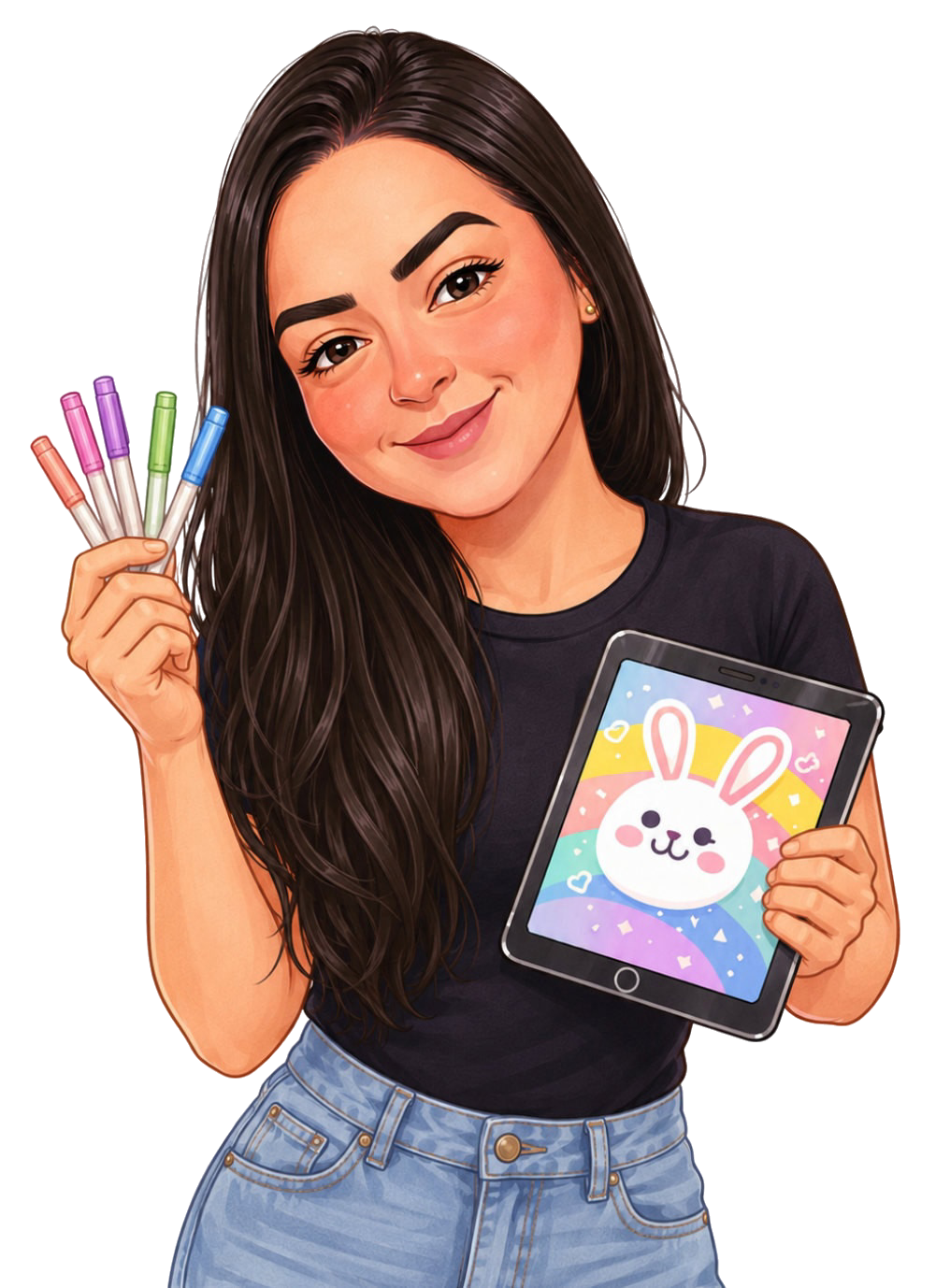 Ilustração da Rafaeli segurando canetinhas e um tablet com um coelhinho desenhado