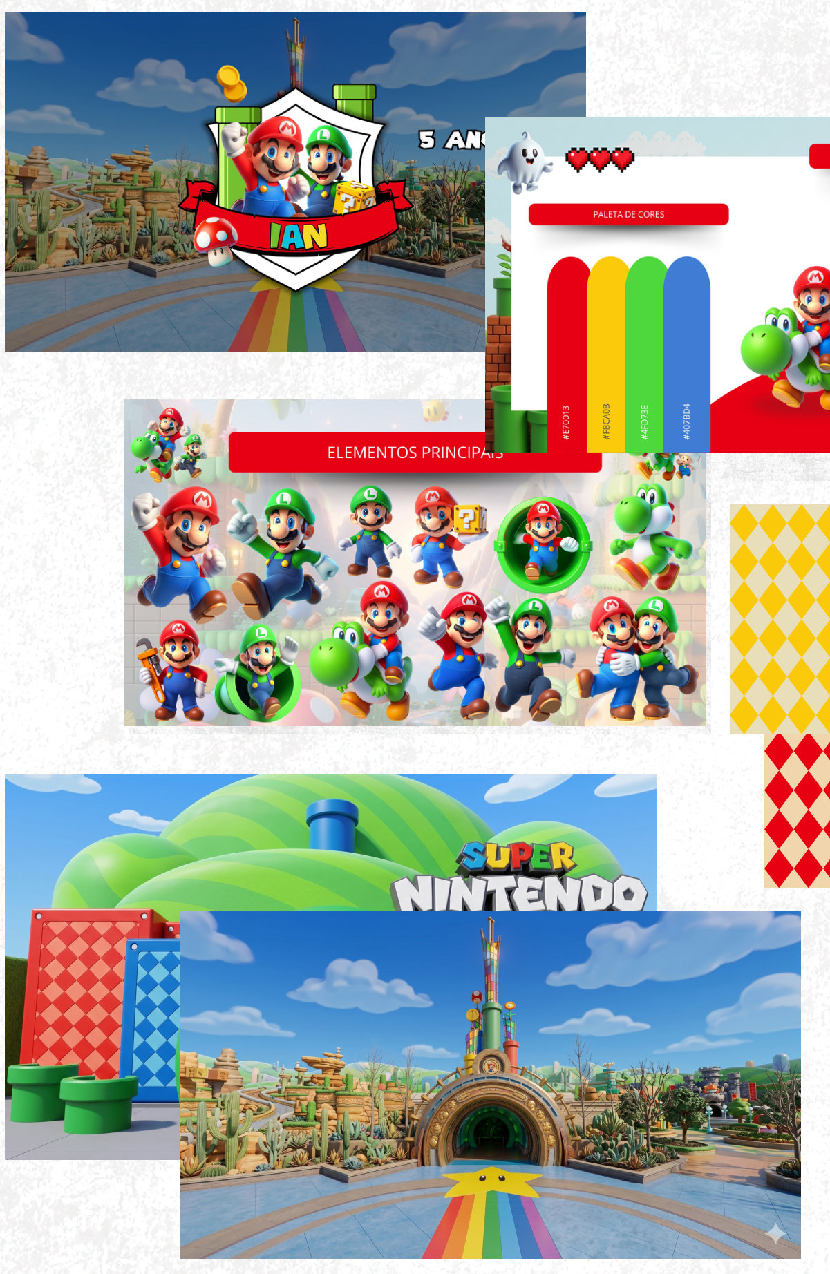 Identidade visual do tema Super Mario: brasão, paleta de cores, elementos e cenários